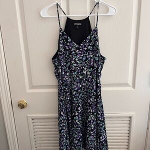 Express Black Floral Spaghetti-Strap Mini Dress with Purple & Teal Accents